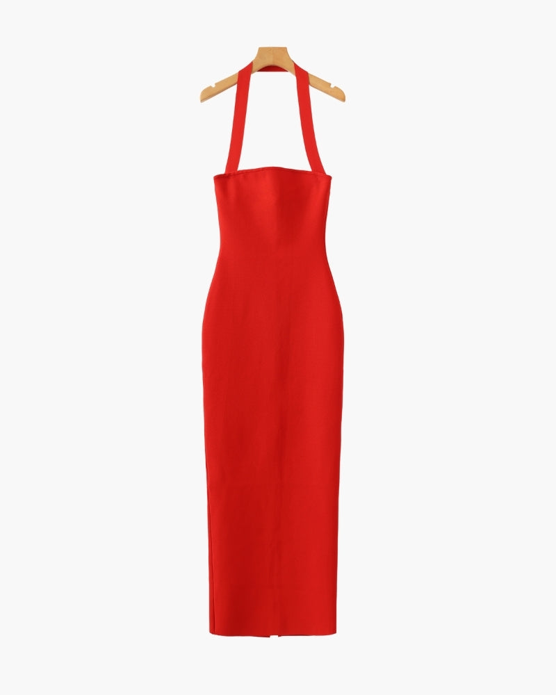Women's Halter Neck Slim Fit Maxi Dress - Red