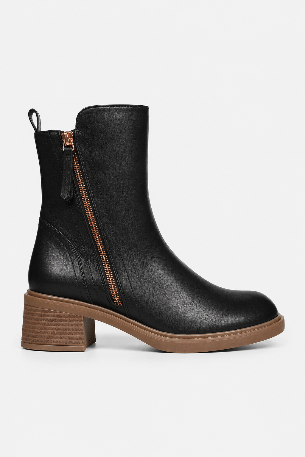 Women's Block Heel Ankle Boots with Side Zip - Black
