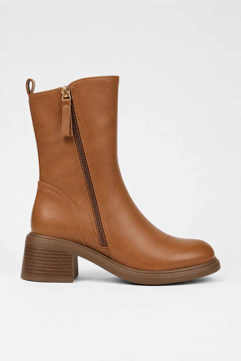 Women's Block Heel Ankle Boots with Side Zip - Brown