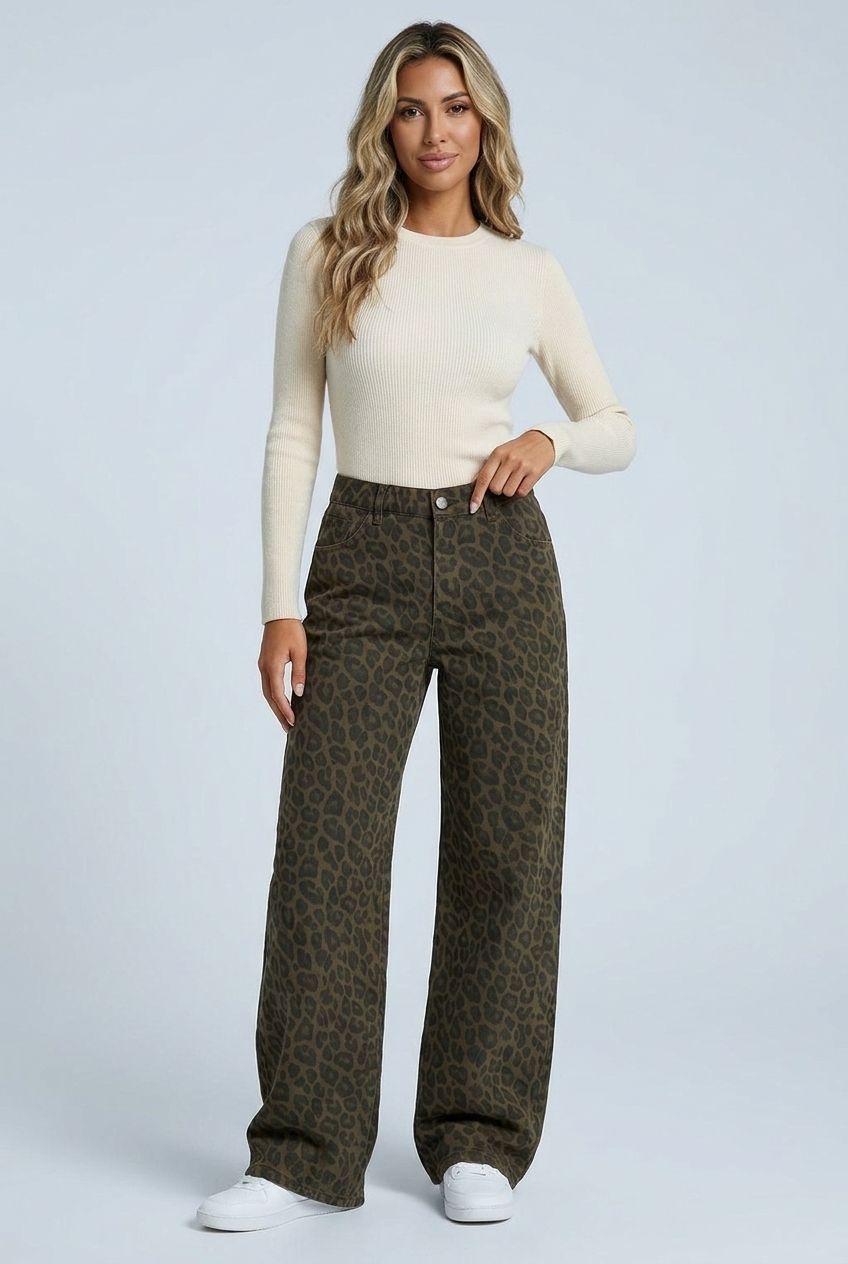 Harlow women's leopard print denim trousers with a wide leg, styled with a cream knit
