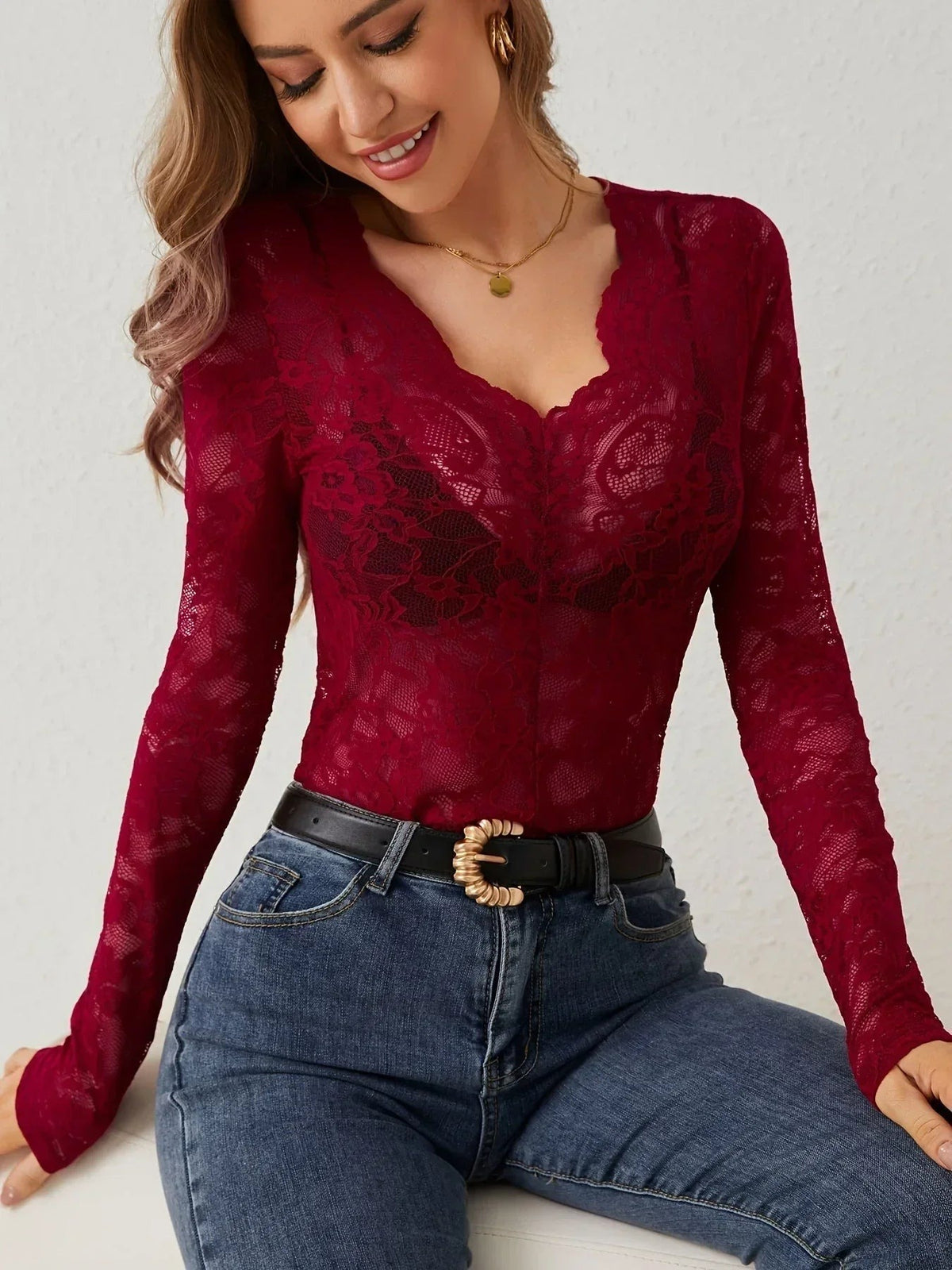 Clarissa - long-sleeved V-neck lace top for women - photo 9