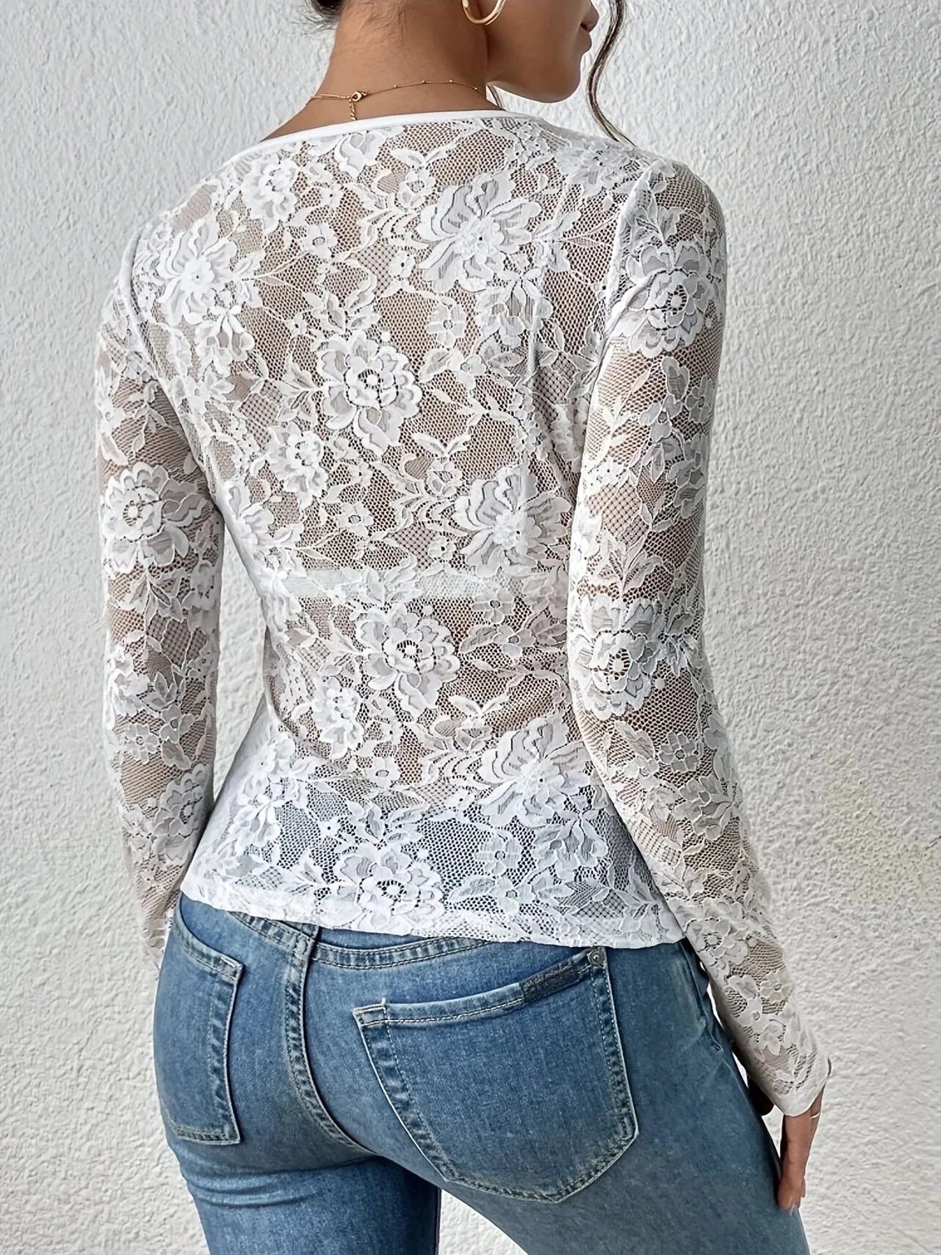 Chloe - top in pizzo a maniche lunghe con scollo a V da donna