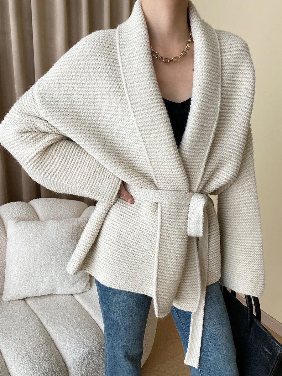 Helewise - Women's Knitted Cardigan with Tie Belt in Cream