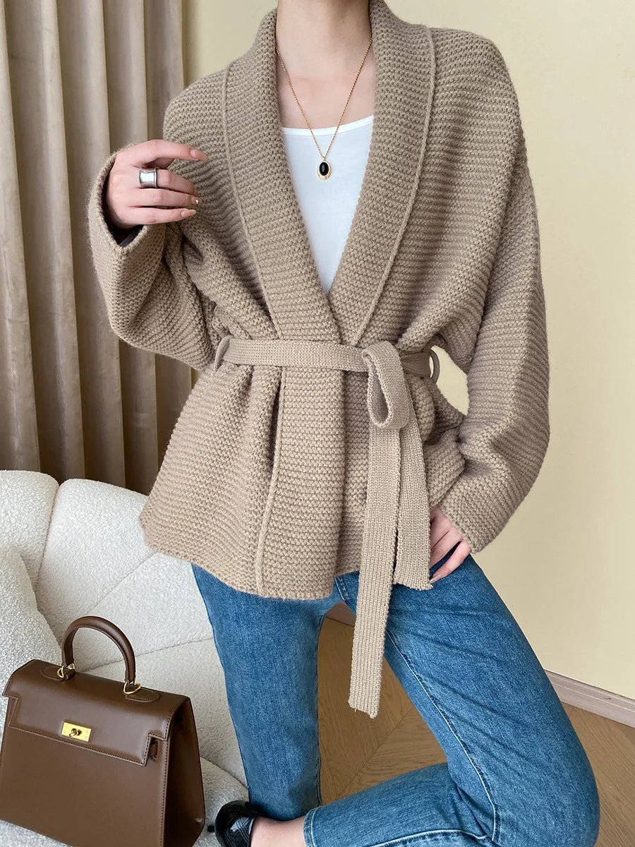Helewise - Women's Knitted Cardigan with Tie Belt in Beige