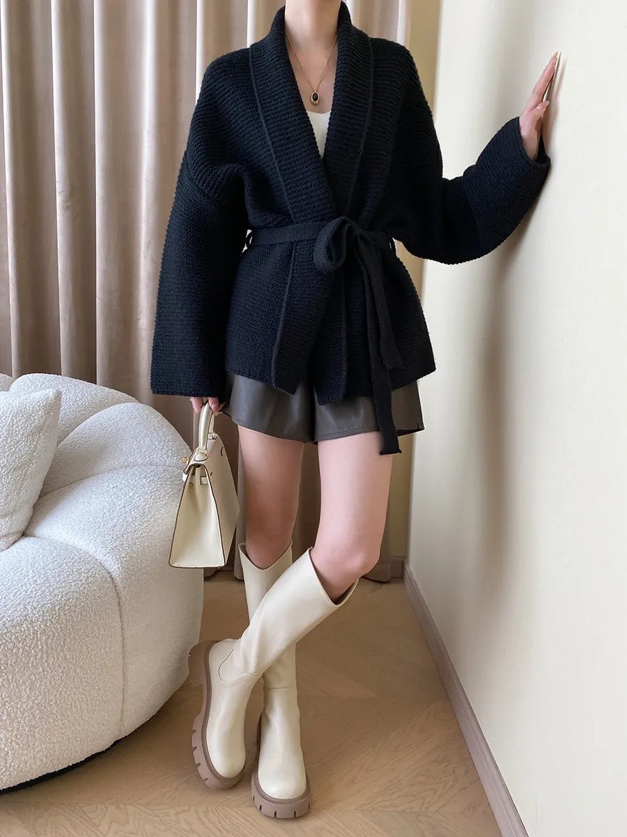 Helewise - Women's Knitted Cardigan with Tie Belt