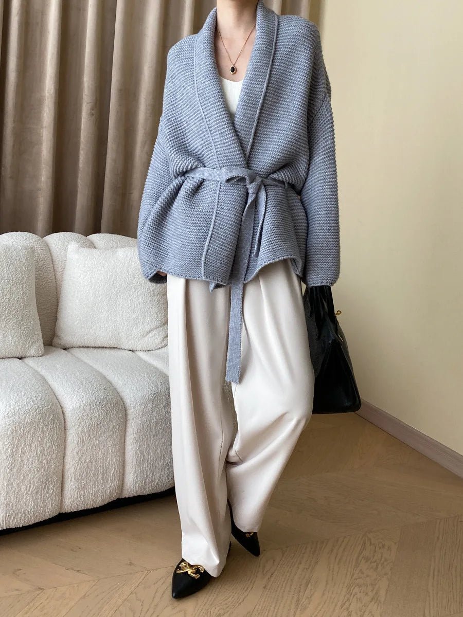 Helewise - Women's Knitted Cardigan with Tie Belt