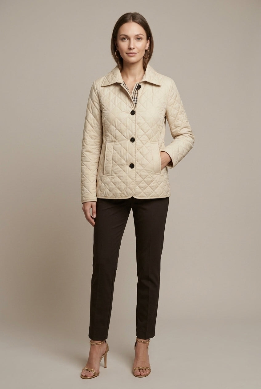 Women's Quilted Silk Jacket with Fitted Collar - Beige