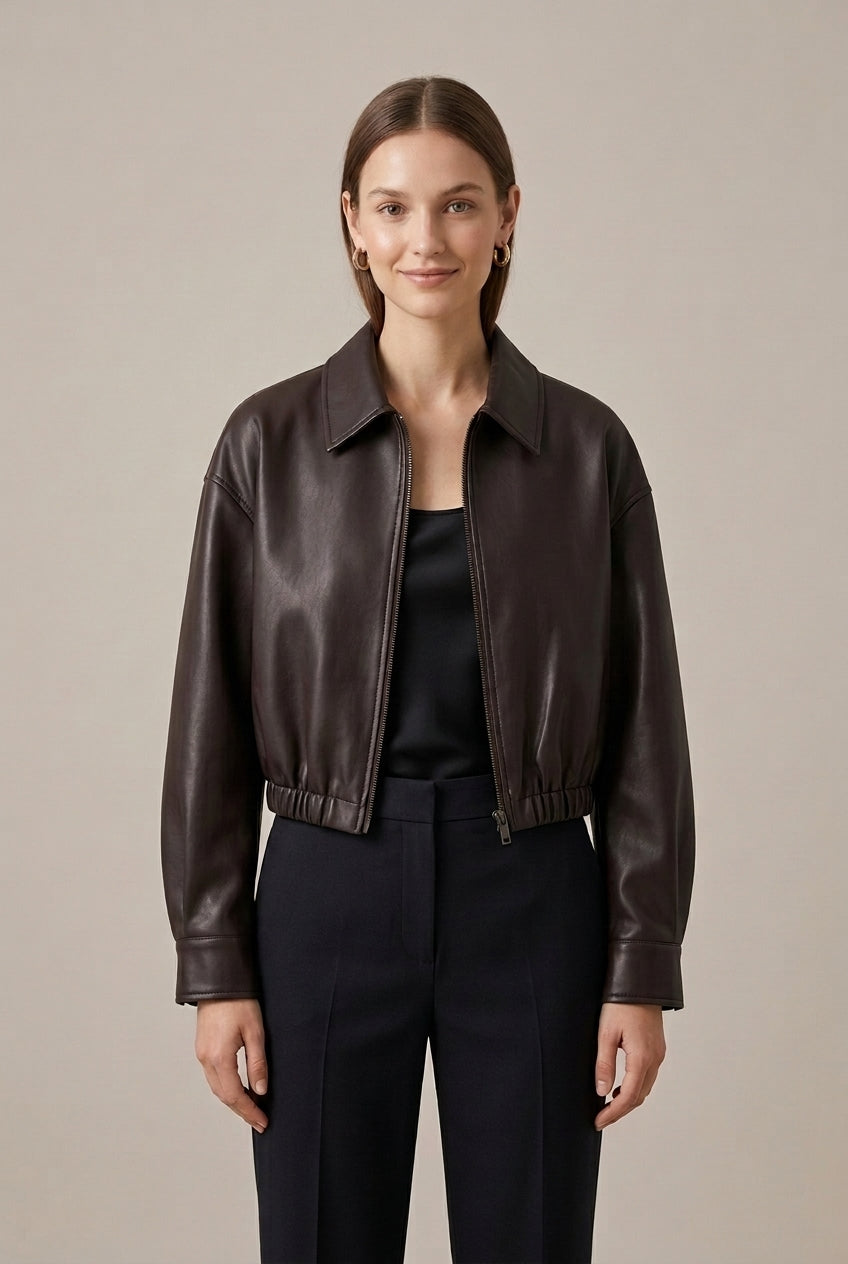 Women's Cropped Faux Leather Bomber Jacket - Brown