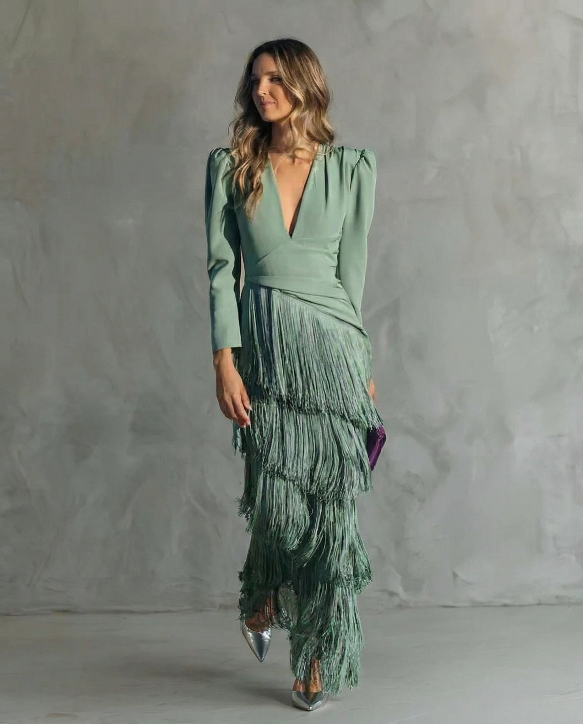Celina - Women's Flowy V-Neck Midi Dress with Fringe Sleeves