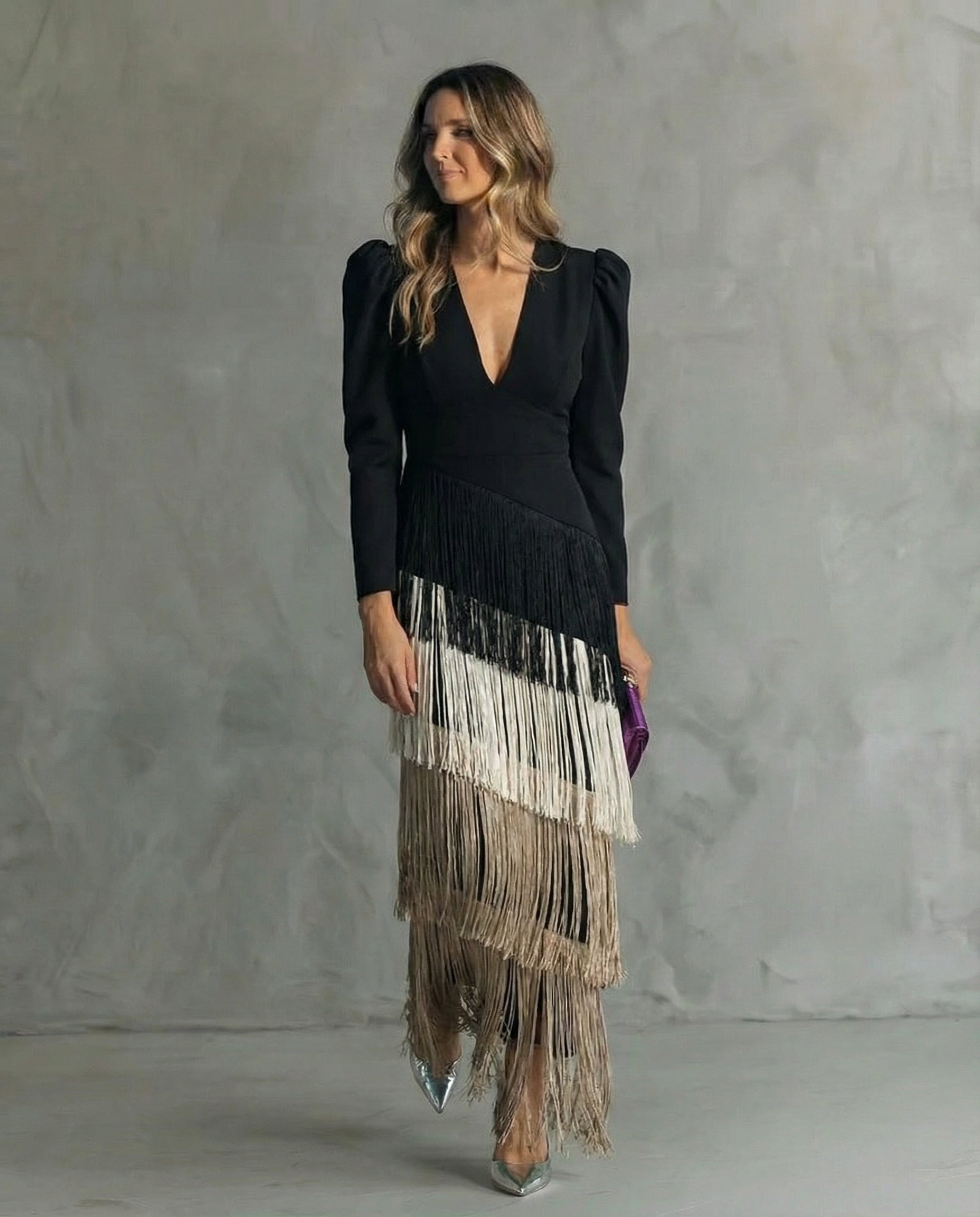 Celina - Vestito midi fluido da donna con scollo a V e maniche con frange