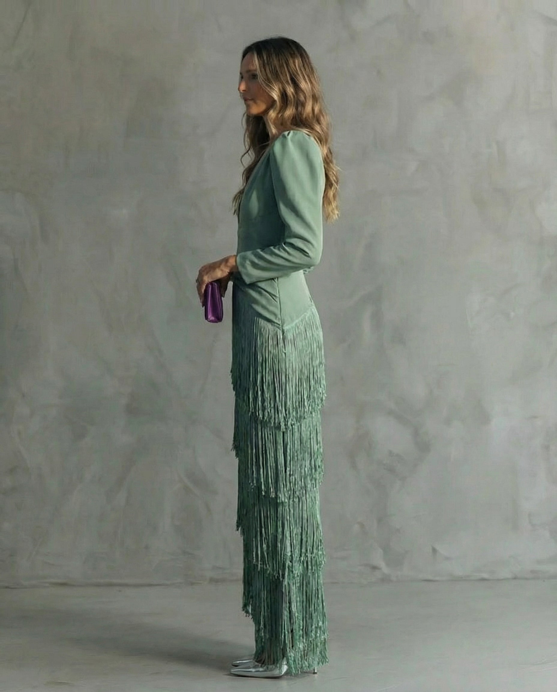 Celina - Vestito midi fluido da donna con scollo a V e maniche con frange