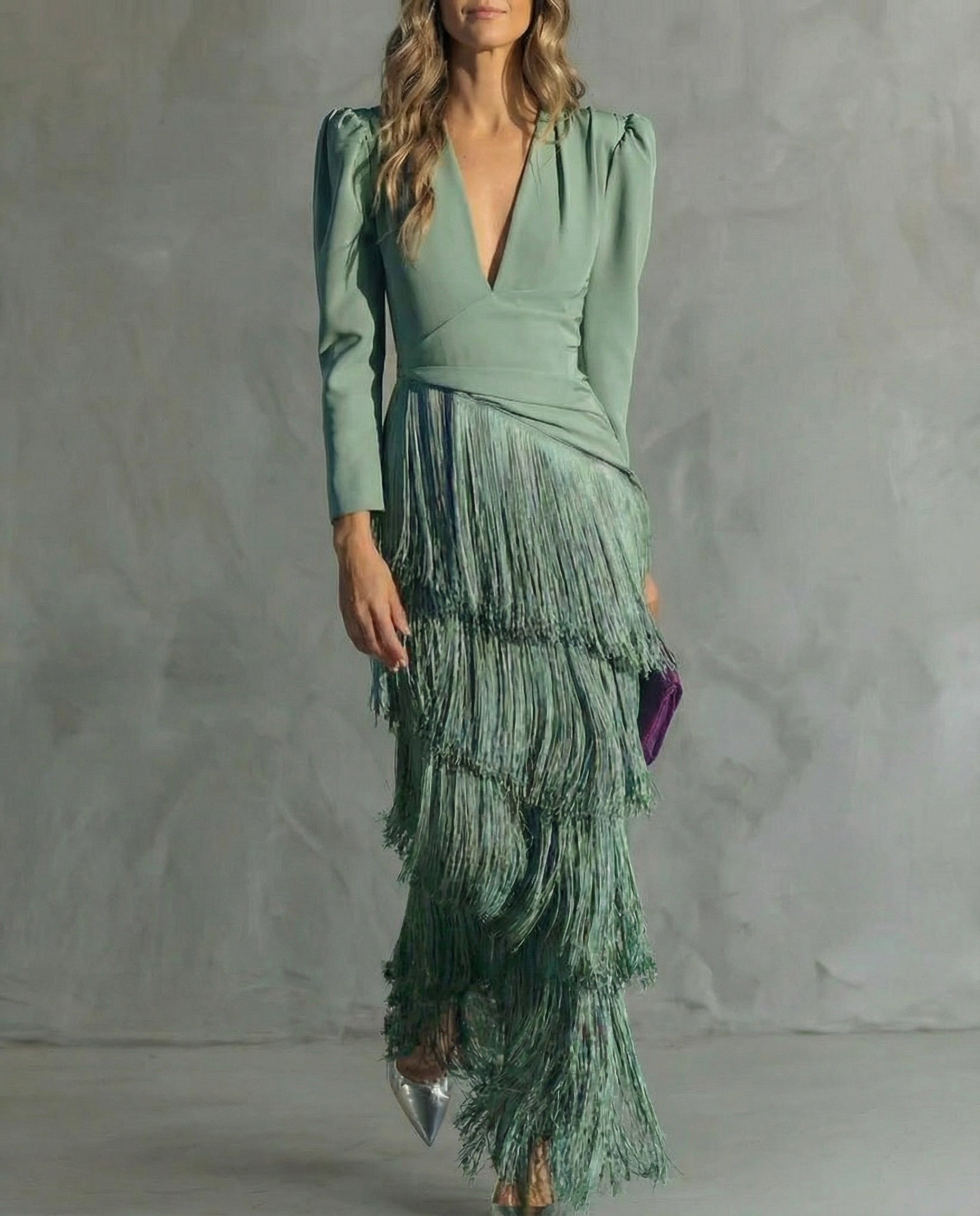 Celina - Vestito midi fluido da donna con scollo a V e maniche con frange
