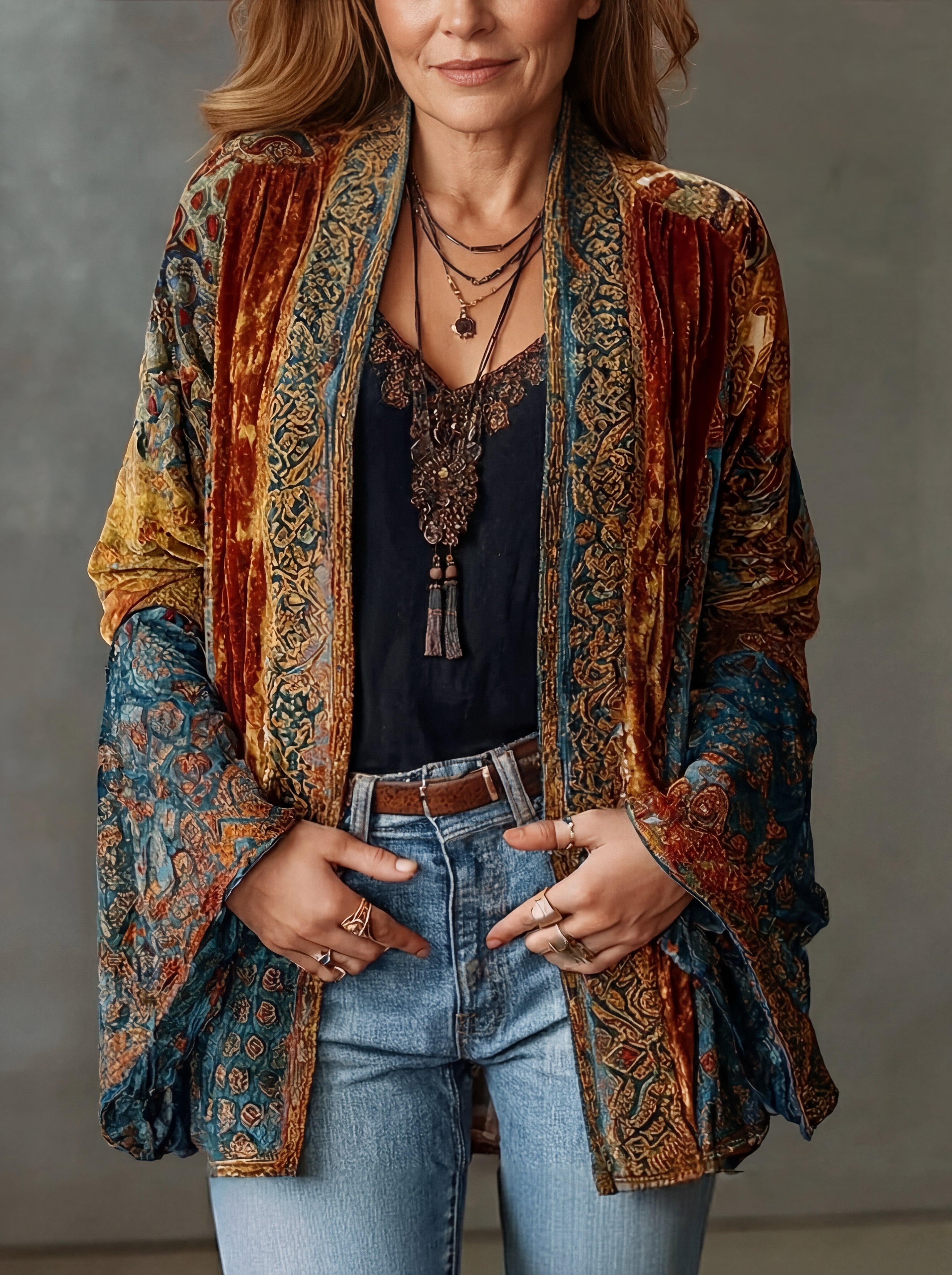 Women's Velvet Patchwork Kimono Cardigan - photo 3