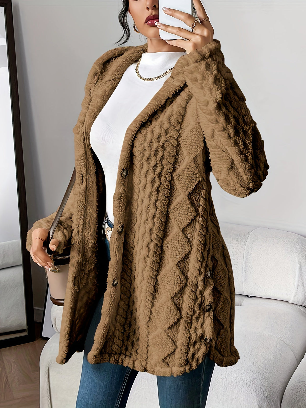 Hiltrud - Women's Cable Knit Cardigan with Hood - Brown