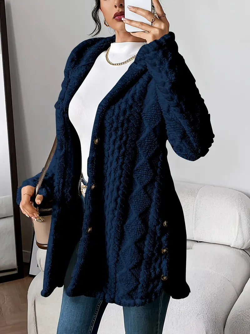 Hiltrud - Women's Cable Knit Cardigan with Hood - Navy