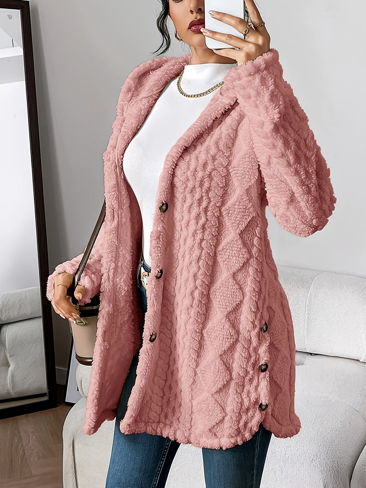 Hiltrud - Women's Cable Knit Cardigan with Hood - Pink
