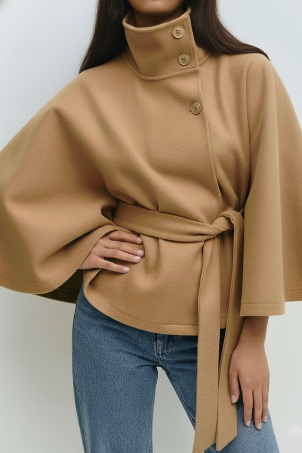 Hollis - Women's Cape Coat with Stand Collar and Tie Belt - photo 2