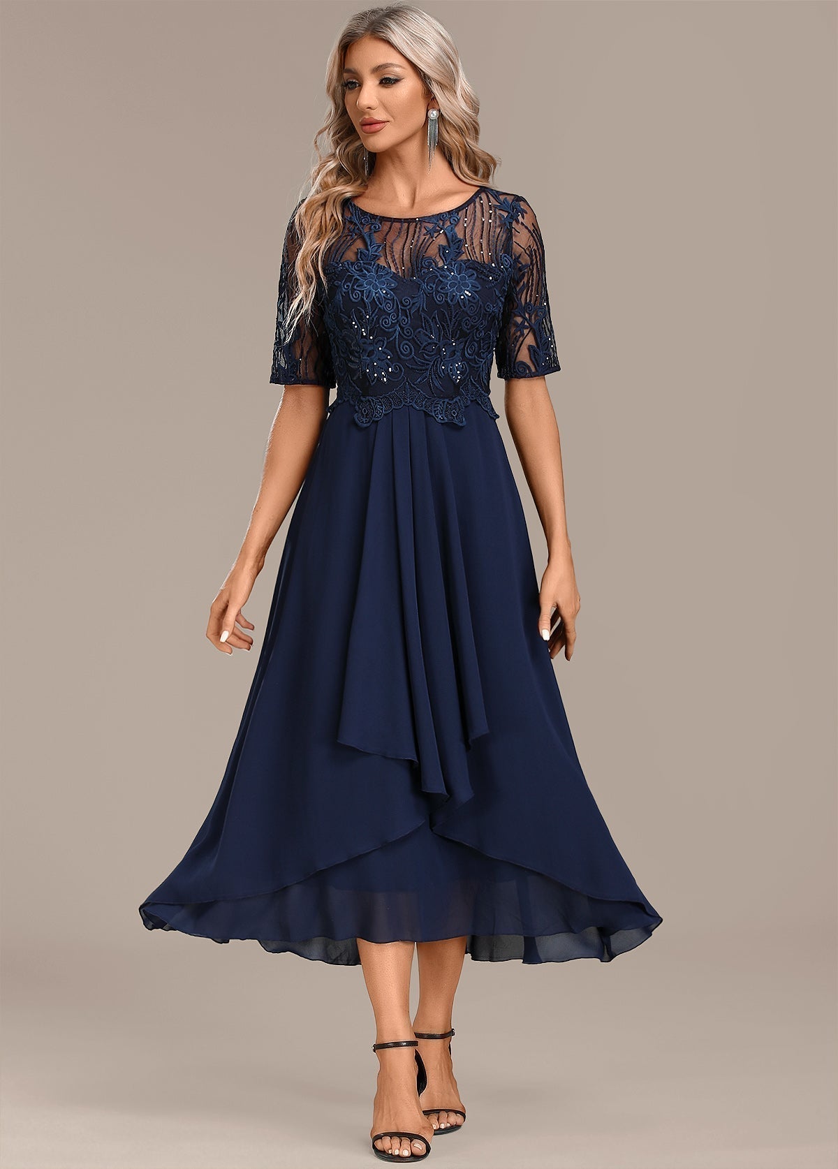 Idonea - Women's Fitted Midi Dress with Lace Trim and Tiers - photo 1
