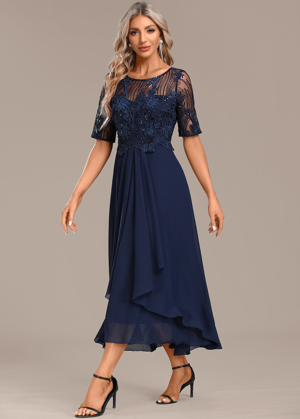Idonea - Women's Fitted Midi Dress with Lace Trim and Tiers - photo 2