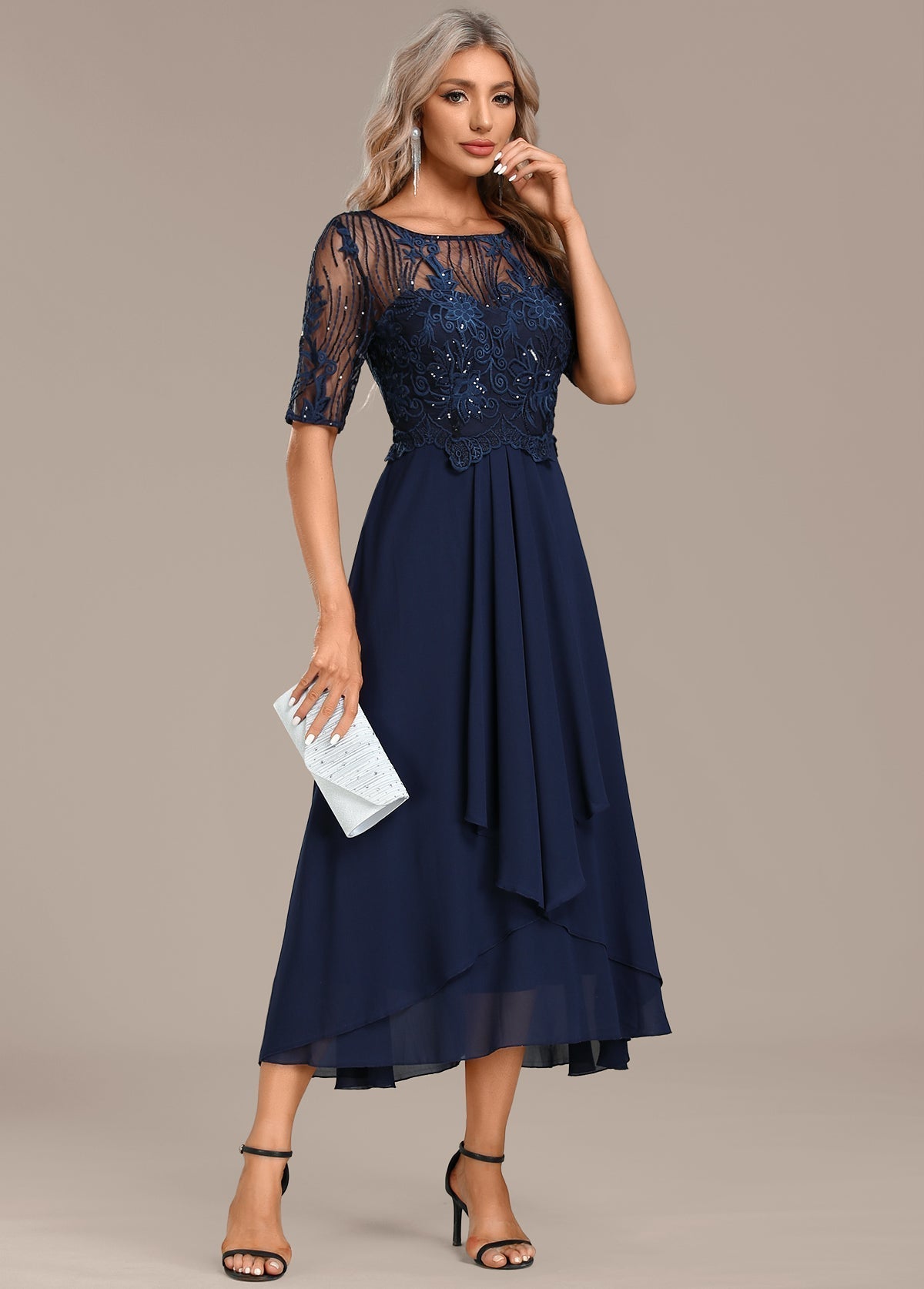 Idonea - Women's Fitted Midi Dress with Lace Trim and Tiers - photo 4