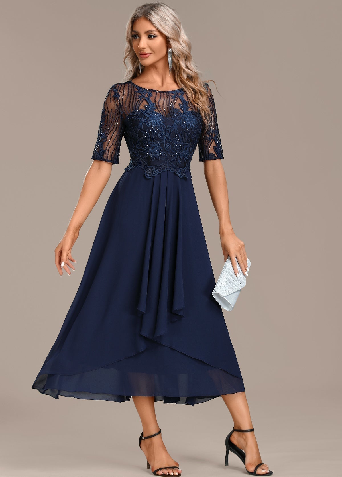 Idonea - Women's Fitted Midi Dress with Lace Trim and Tiers - photo 6
