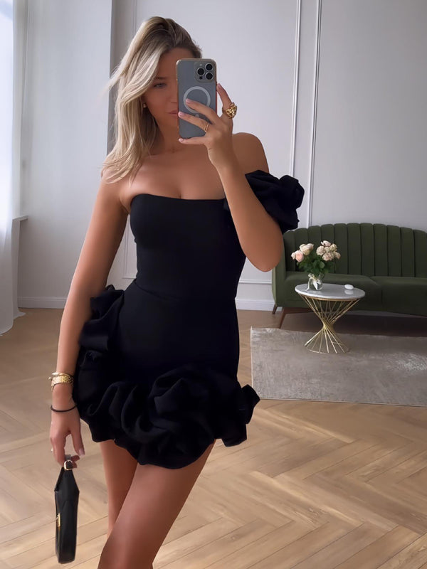 Paloma - Mini abito monospalla da donna con orlo arricciato e vestibilità slim