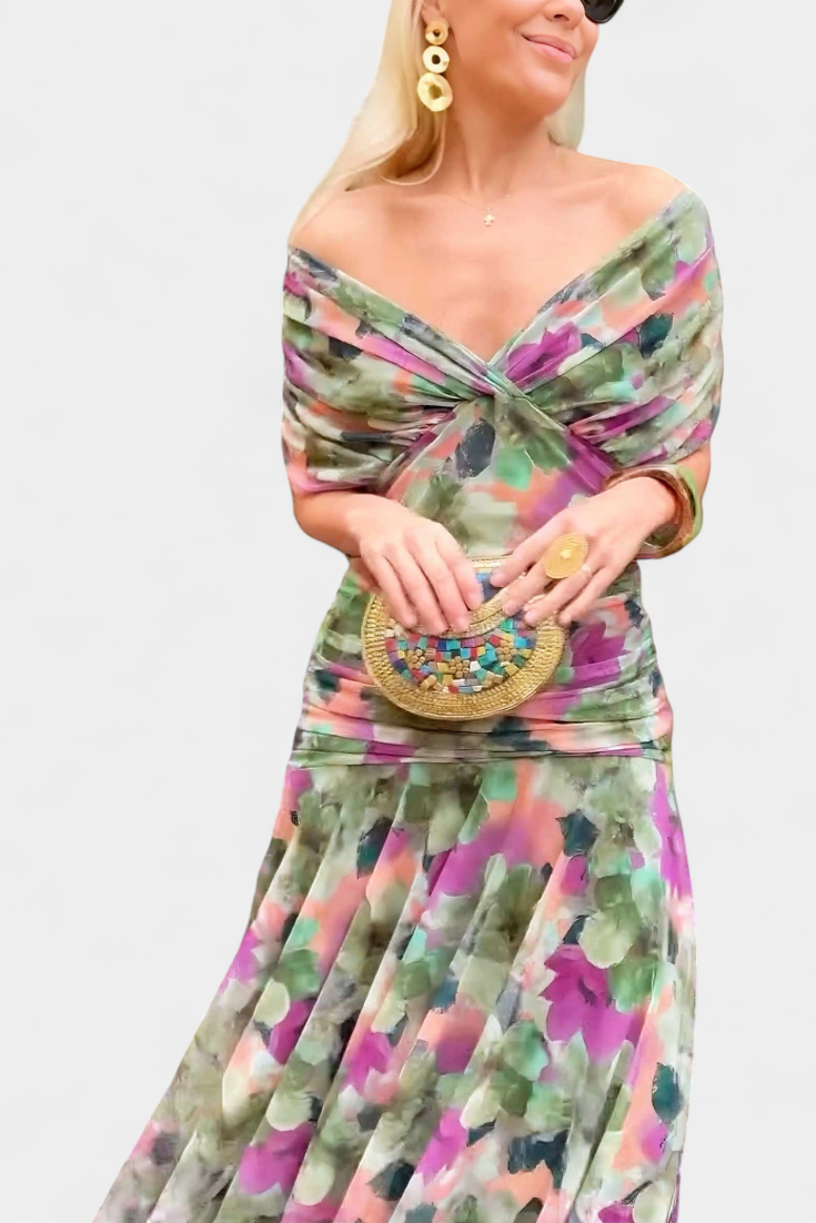 Robe Midi Femme à Épaules Dégagées et Jupe Fluide