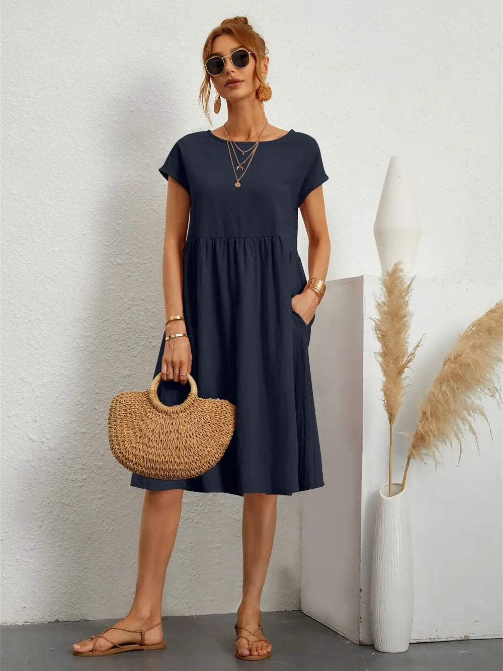 Helen - Women's A-Line Short Sleeve Dress with Pockets - photo 5