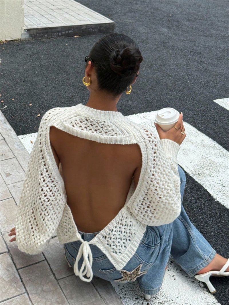 Imelda - Women's Open Knit Sweater with Tie Back - photo 1