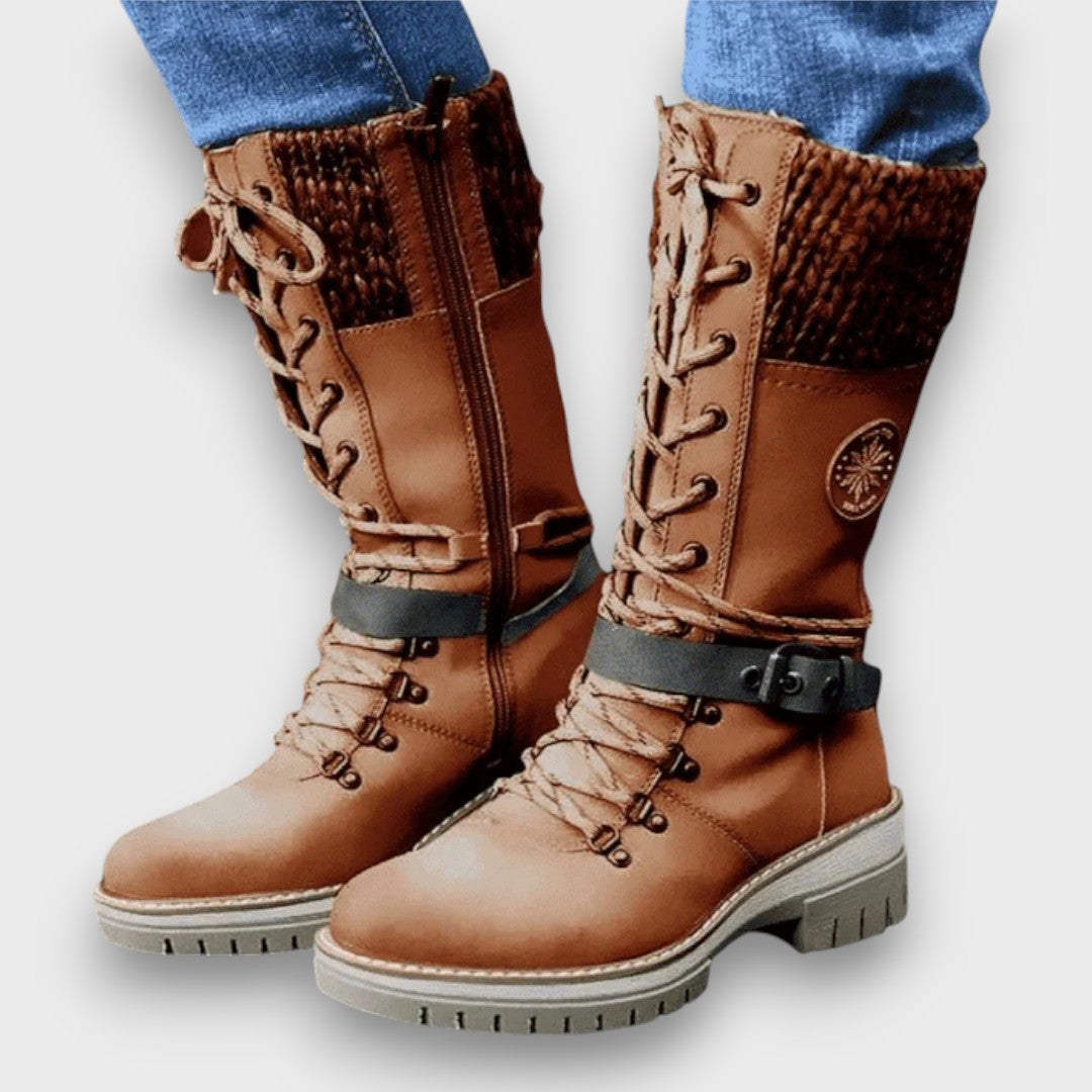 Women's Knee-High Lace-Up Boots with Knitted Cuff