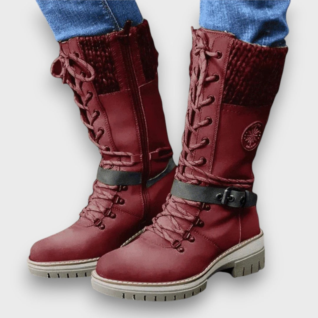 Women's Knee-High Lace-Up Boots with Knitted Cuff
