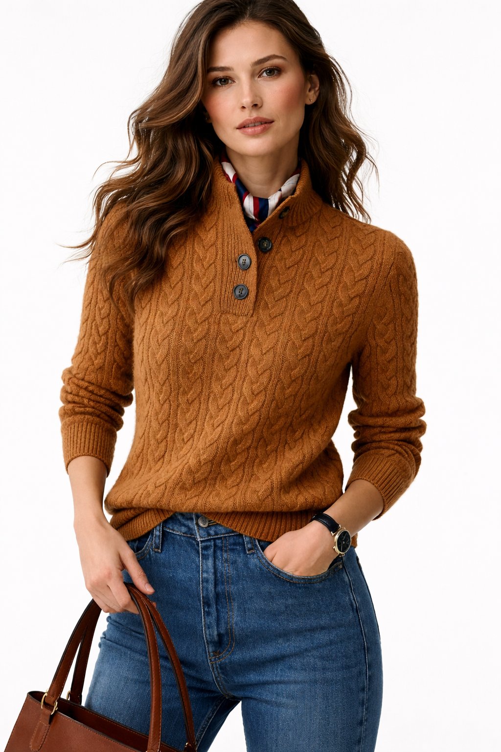 Jaclyn - Women's Cable Knit Wool Blend Jumper with Button Neck - photo 1
