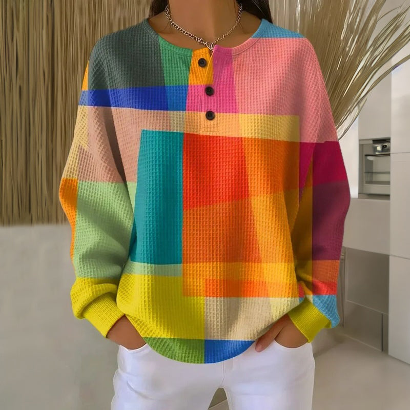 Jeannine - Women's Waffle Knit Henley Jumper in Colour Block - photo 1