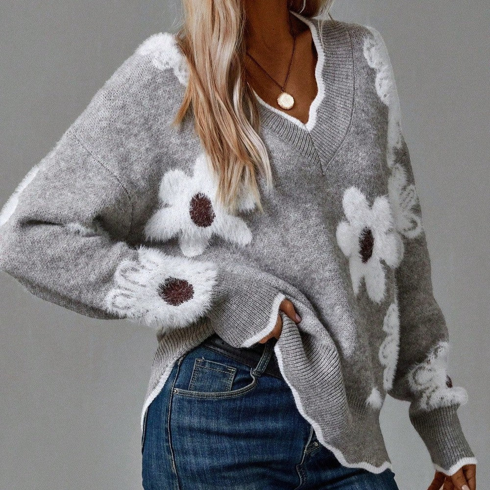Jennie - Women's Floral V Neck Knit Jumper - photo 1