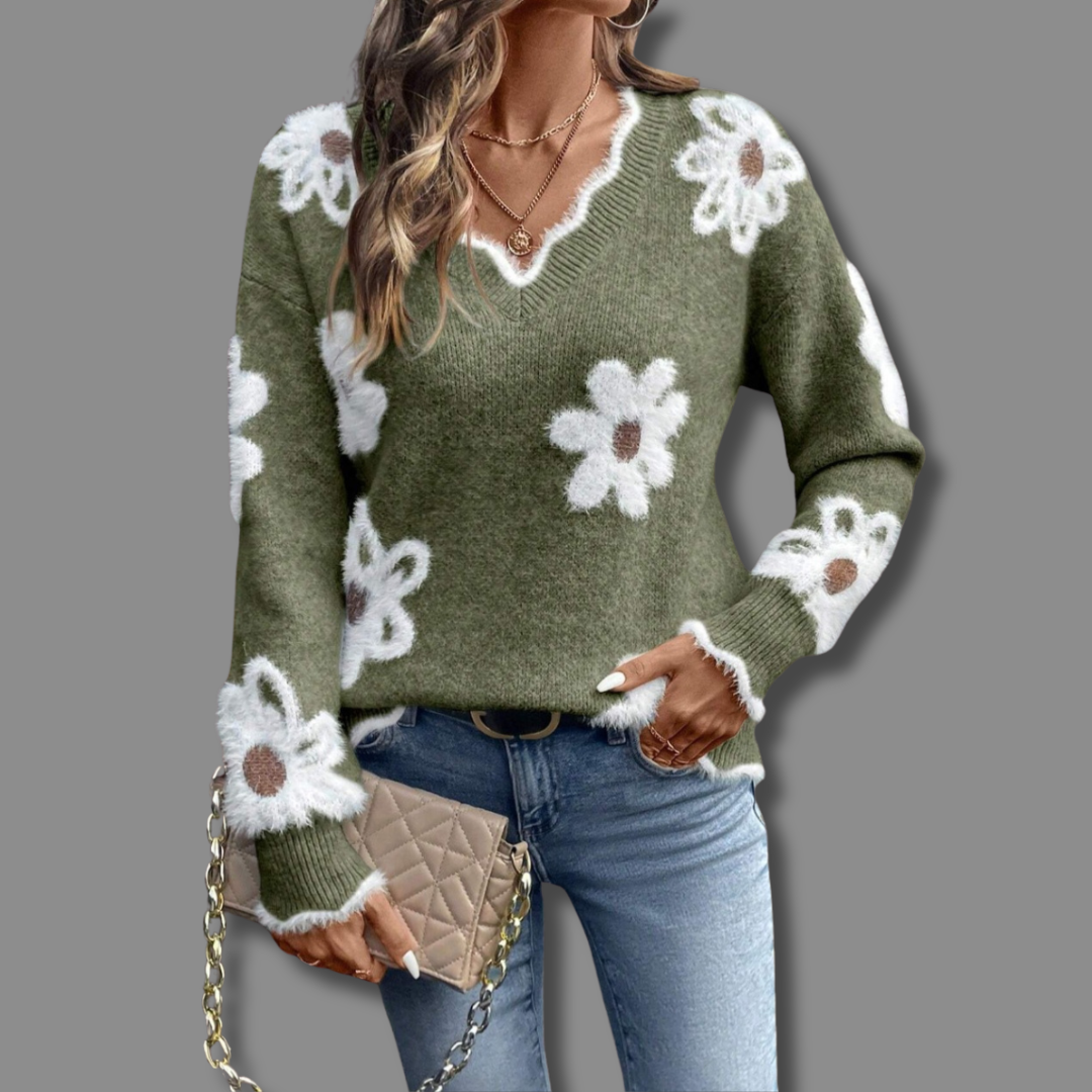 Jennie - Women's Floral V Neck Knit Jumper - photo 5