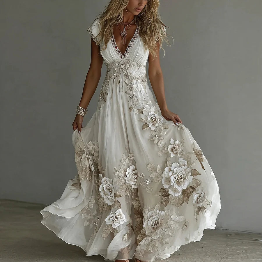 Emilia - Women's Floral Cotton Maxi Dress with Short Sleeves