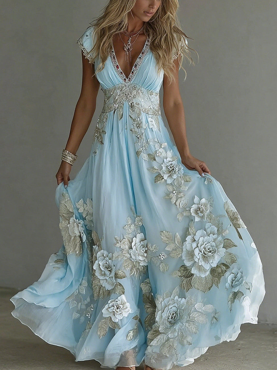Emilia - Women's Floral Cotton Maxi Dress with Short Sleeves