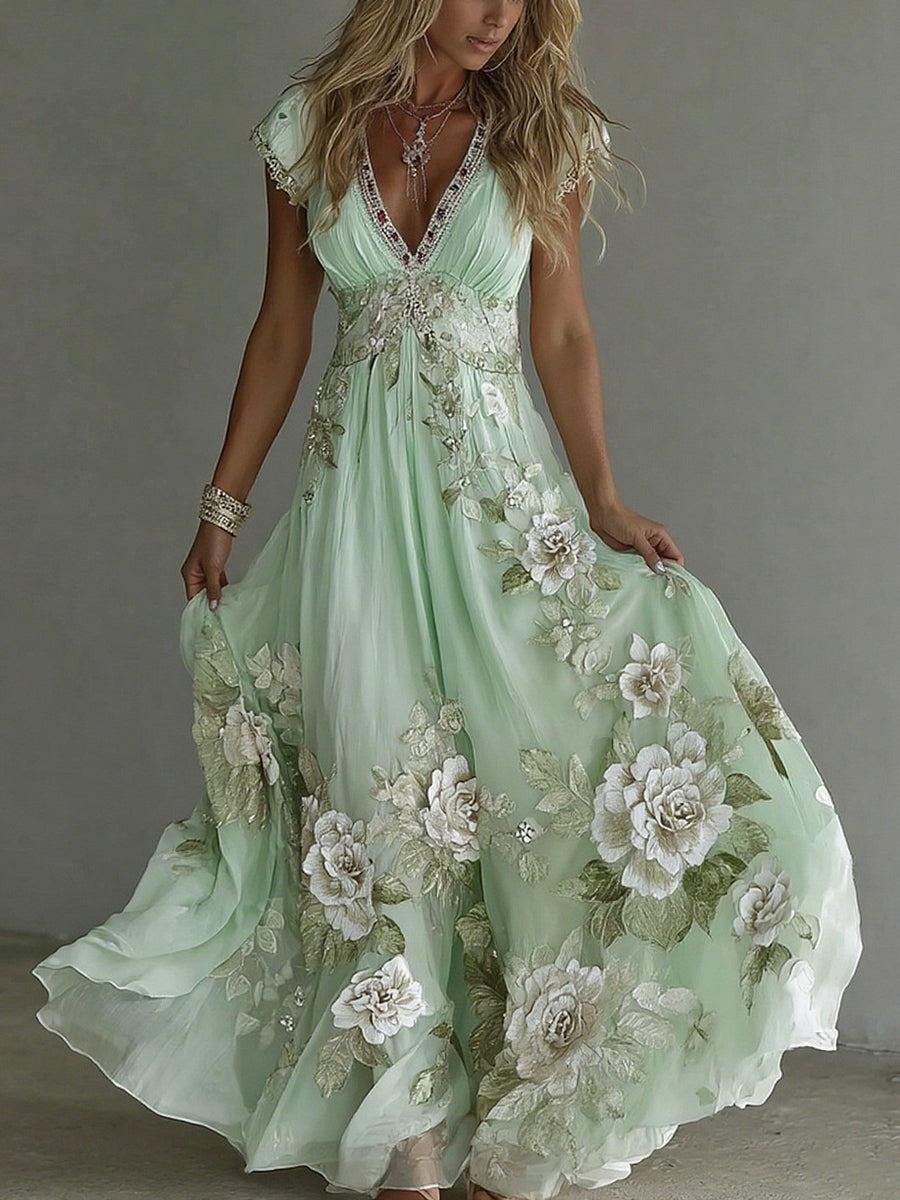 Emilia - Women's Floral Cotton Maxi Dress with Short Sleeves