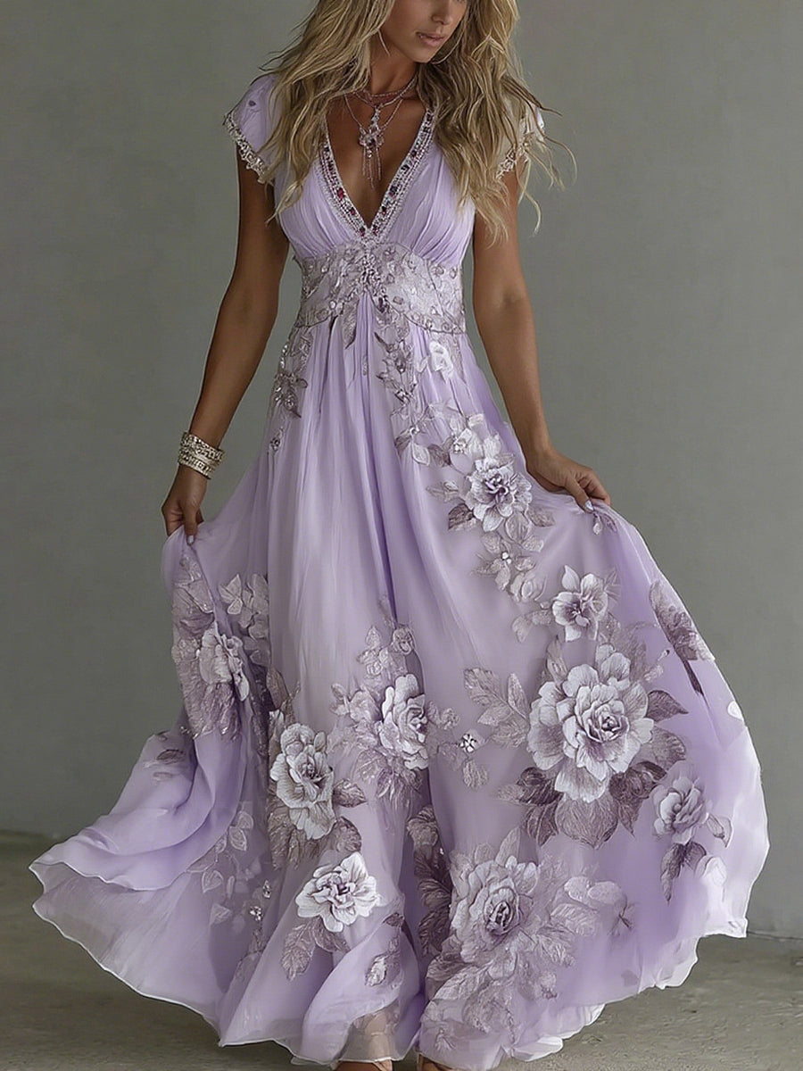 Emilia - Women's Floral Cotton Maxi Dress with Short Sleeves