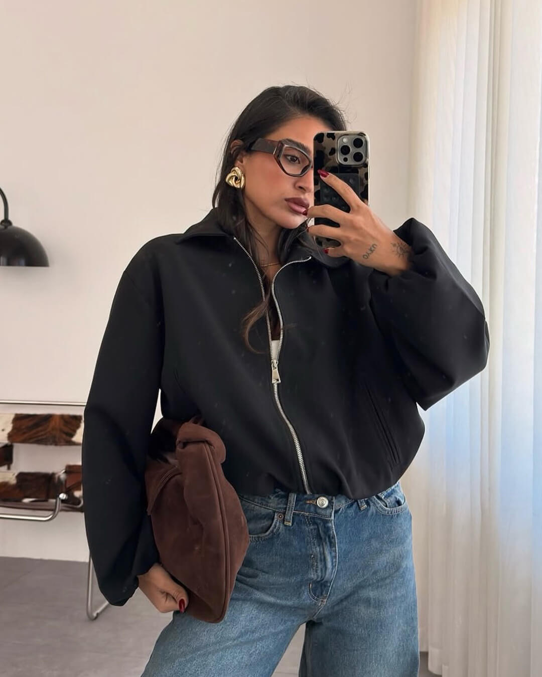 Josephine - Women's Zip-Front Bomber Jacket with Ribbed Cuffs in Black