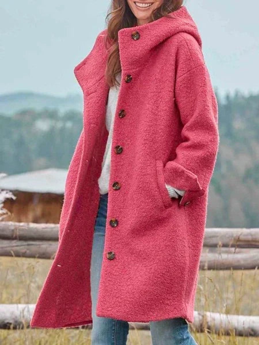 Julianne - Women's Long Hooded Fleece Coat with Buttons - photo 1