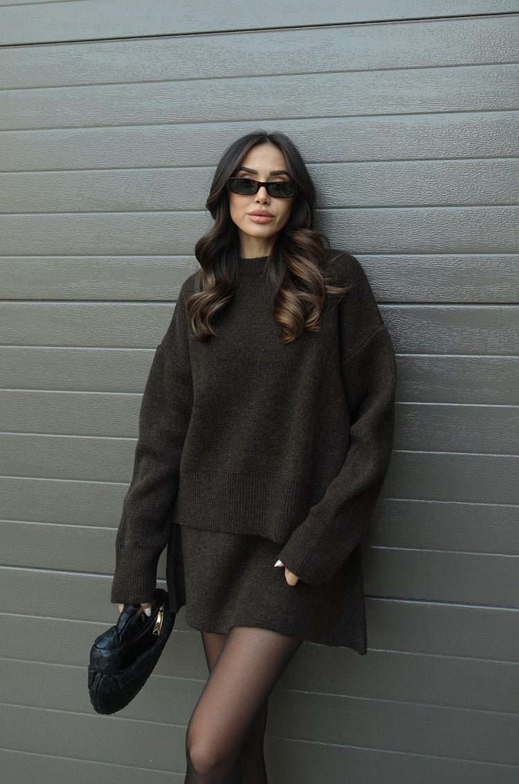 Women's Knit Two Piece Set with Oversized Sweater and Skirt