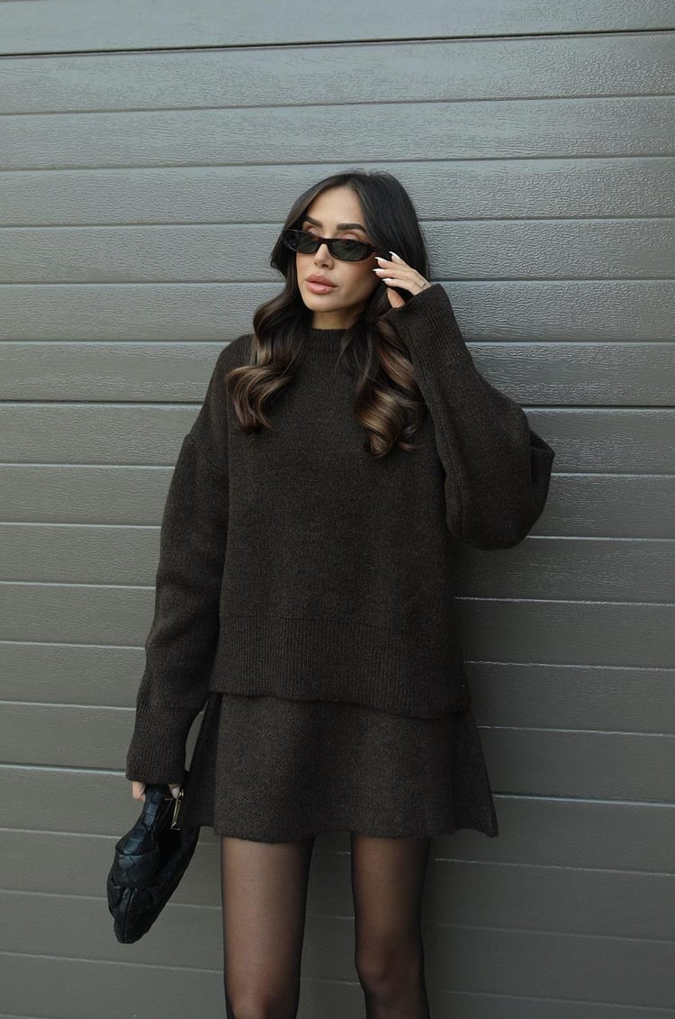 Women's Knit Two Piece Set with Oversized Sweater and Skirt