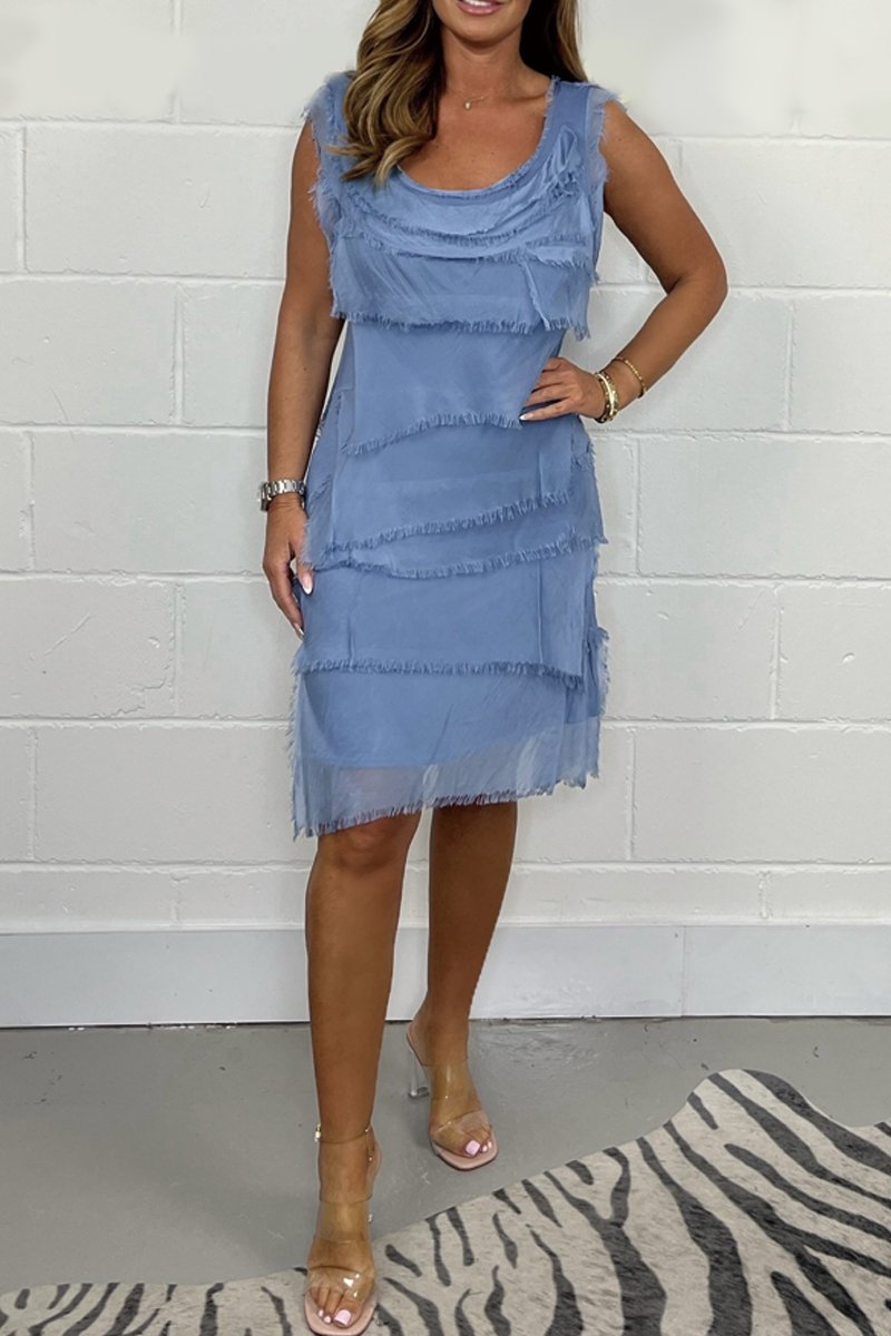 Katrina - Women's Tiered Sleeveless Midi Dress with Frayed Hem - photo 2