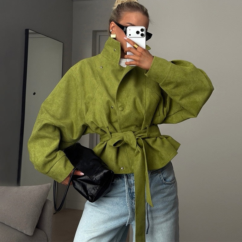 Katriona - Women's Textured Belted Jacket - High Neck Snap Front Long Sleeve - photo 1