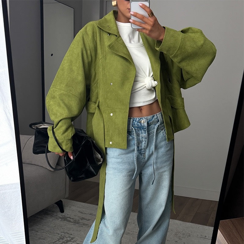 Katriona - Women's Textured Belted Jacket - High Neck Snap Front Long Sleeve - photo 5