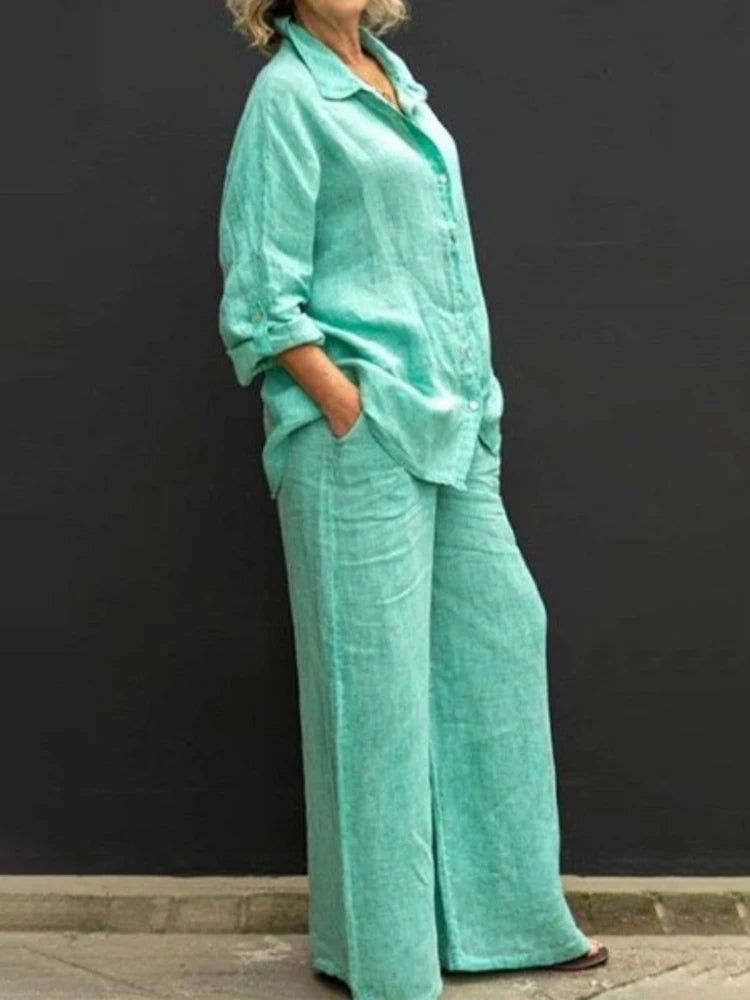 Etta - Women's Flowing Linen Two-Piece Set with Long Sleeves