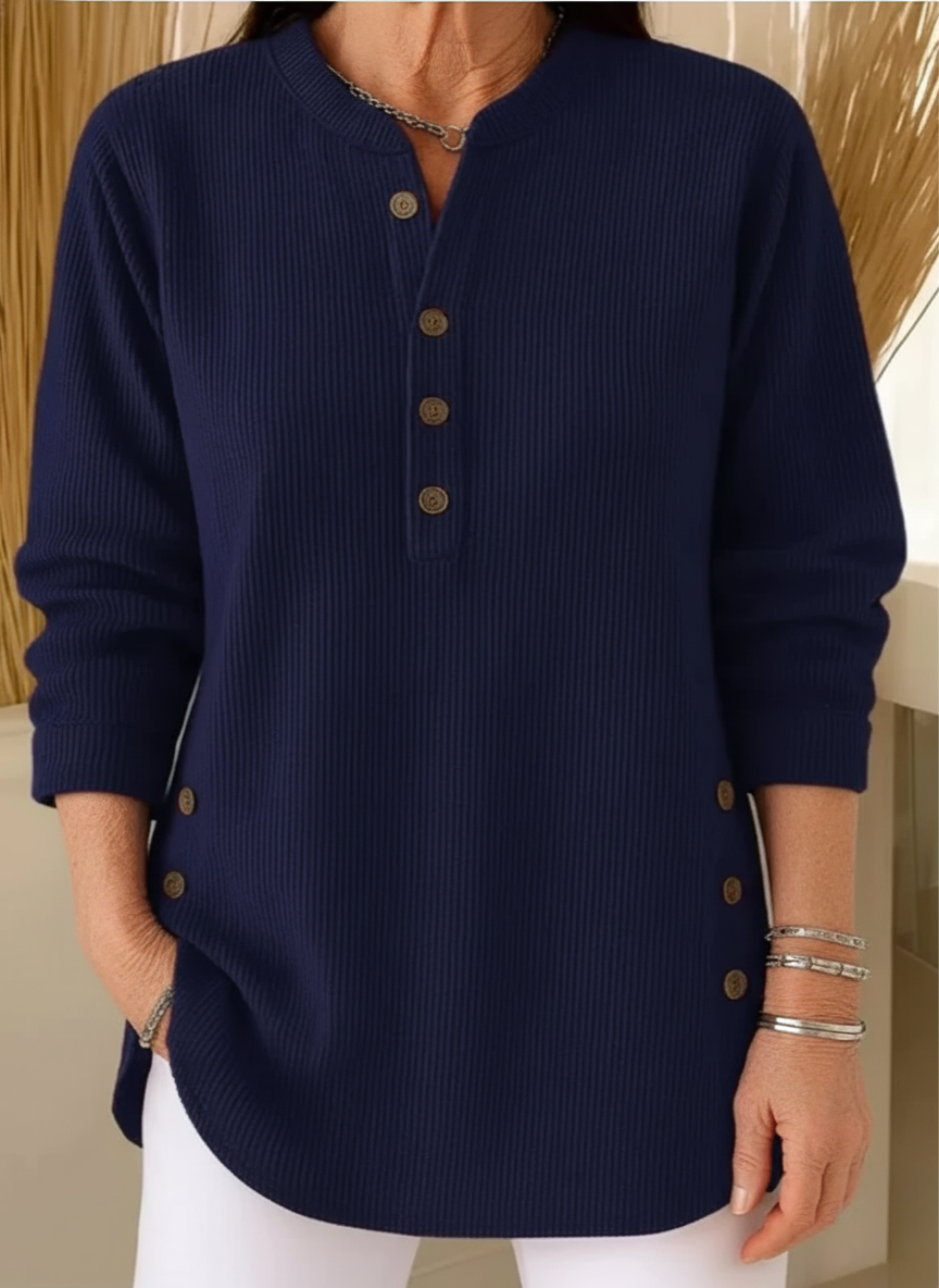 Kirstie - Women's Ribbed Knit Henley Tunic with Side Slits - photo 3