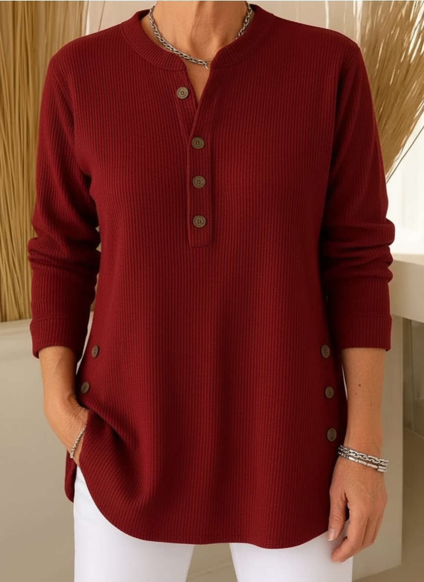 Kirstie - Women's Ribbed Knit Henley Tunic with Side Slits - photo 4