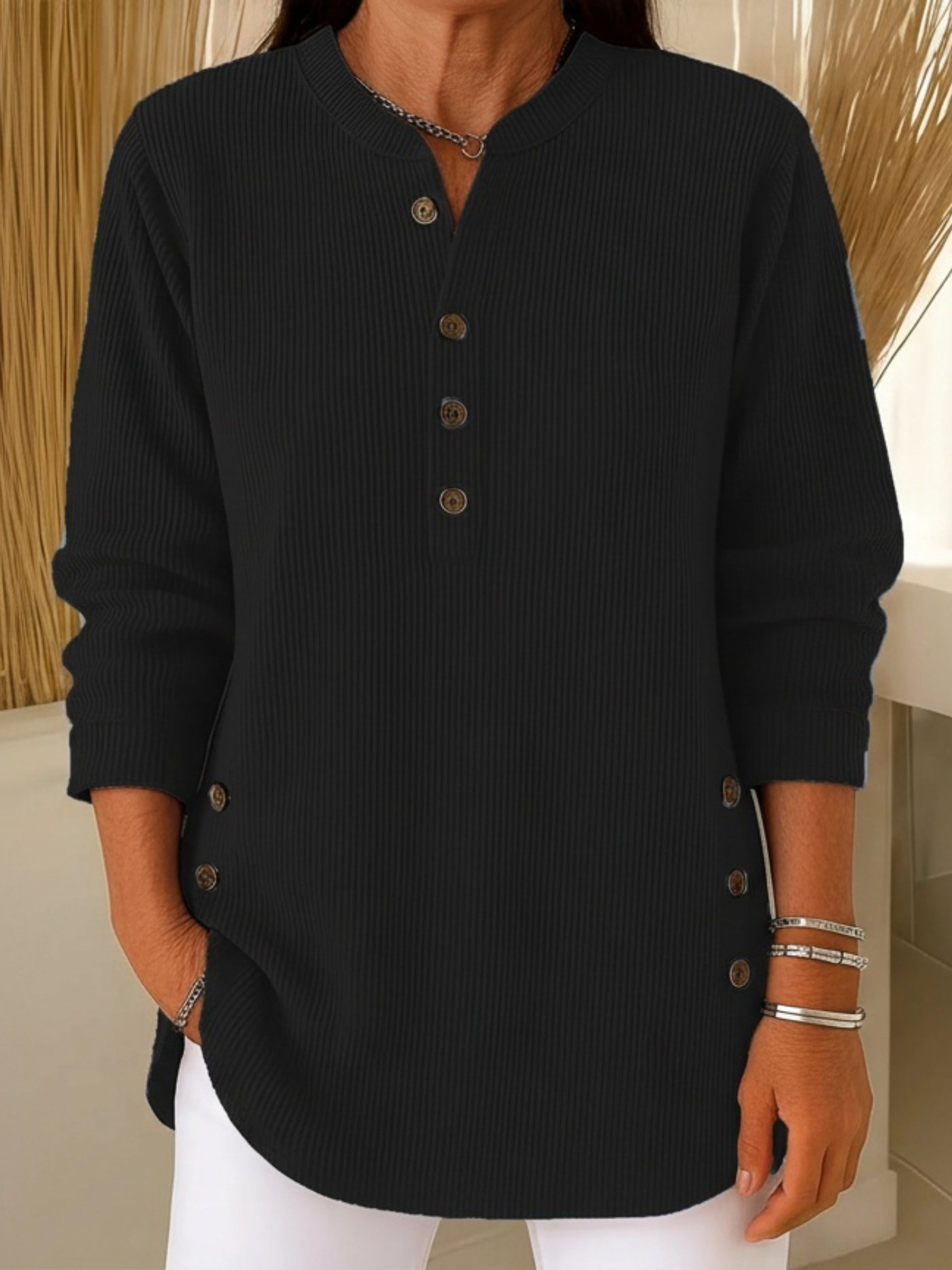 Kirstie - Women's Ribbed Knit Henley Tunic with Side Slits - photo 6
